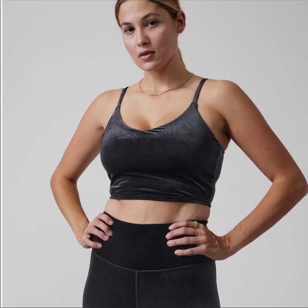 Athleta Black Elevation V Neck Velvet Crop Bra